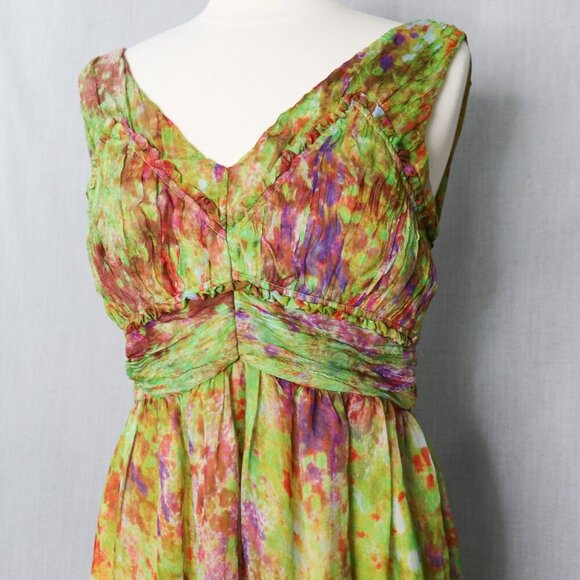 Sundance 100% Silk Fit & Flare Dress Size 10 Green Watercolor Floral Sleeveless - Picture 7 of 16